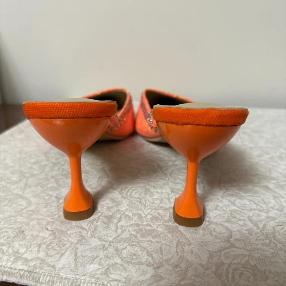 KNOCKOFF AMINA MUADDI Size 9.5 Orange Silver Glitter Mules Pumps Rhinestone Art
